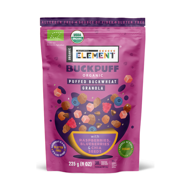 Organic puffed buckwheat granola with forest berries