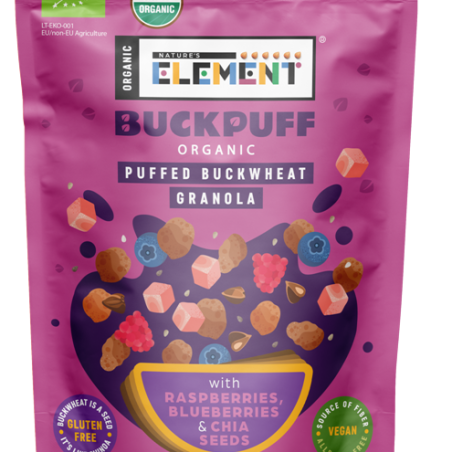 Organic puffed buckwheat granola with forest berries
