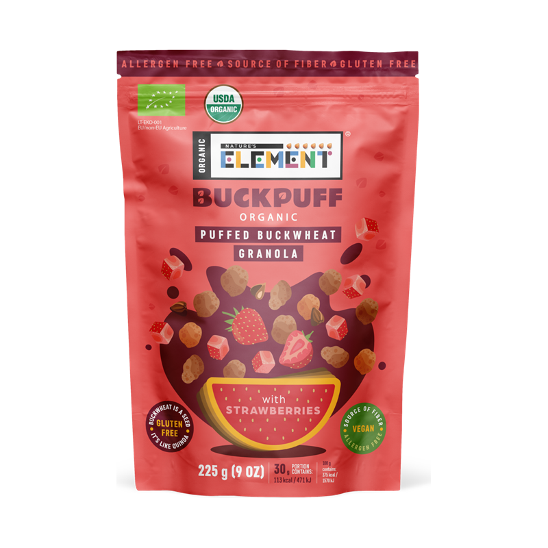 Organic puffed buckwheat granola with strawberries
