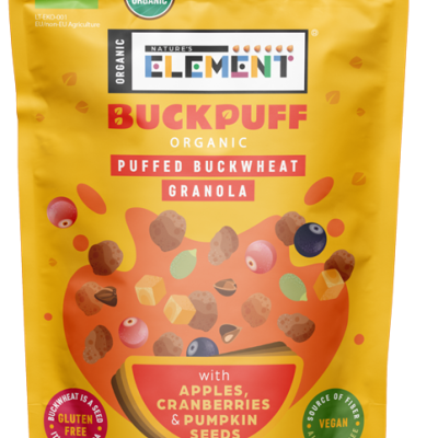 Organic puffed buckwheat granola with apples and cranberries